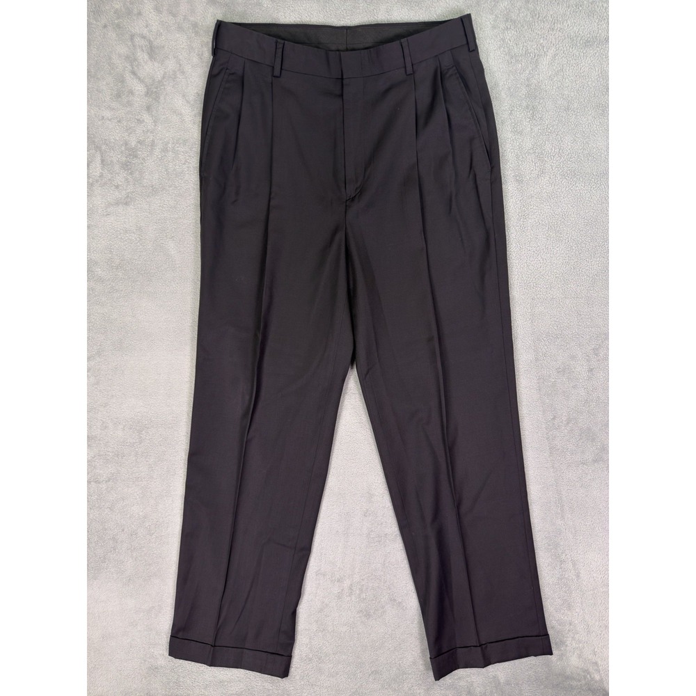 Jos A Bank Dress Pants Mens 33x30 Black Straight Leg Pleated Cuffed 100% Wool